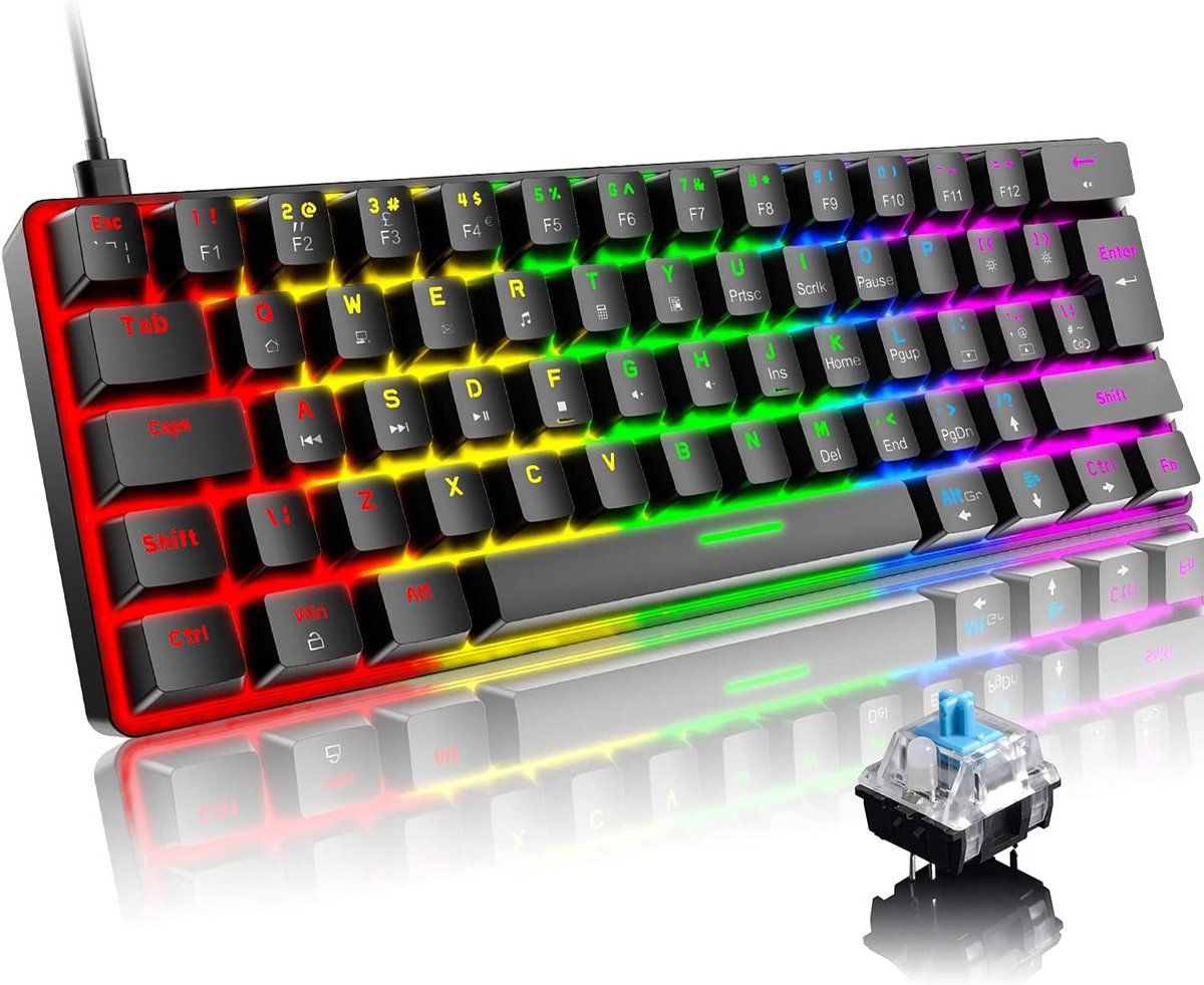 Compact 60% Mechanisch Gaming Toetsenbord met 62 Toetsen en 19 RGB LED Achtergrondverlichting - QWERTY UK Layout