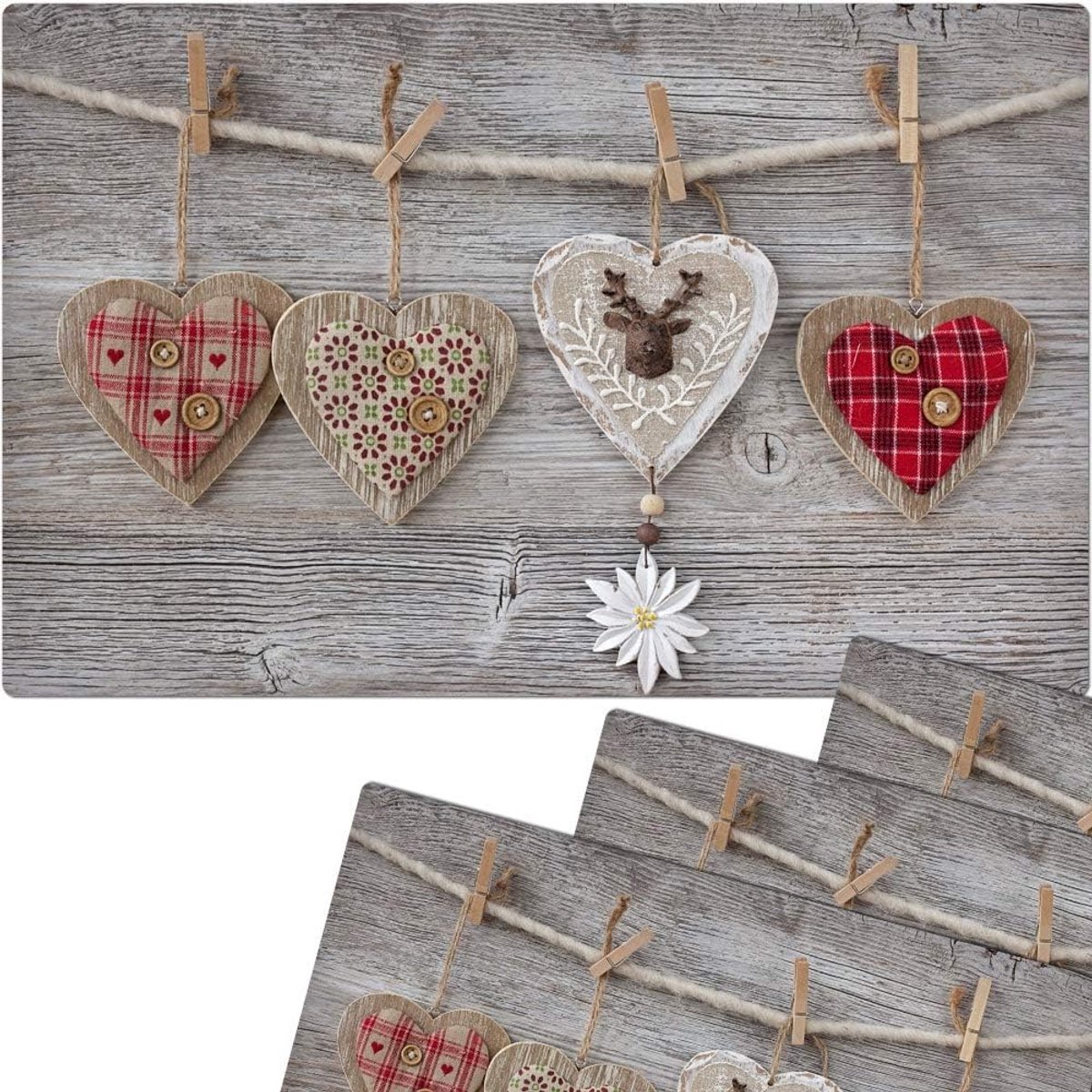 Set van 4 Placemats met Kleurrijke Harten en Houten Plank Motief - Afwasbaar Tafelkleed