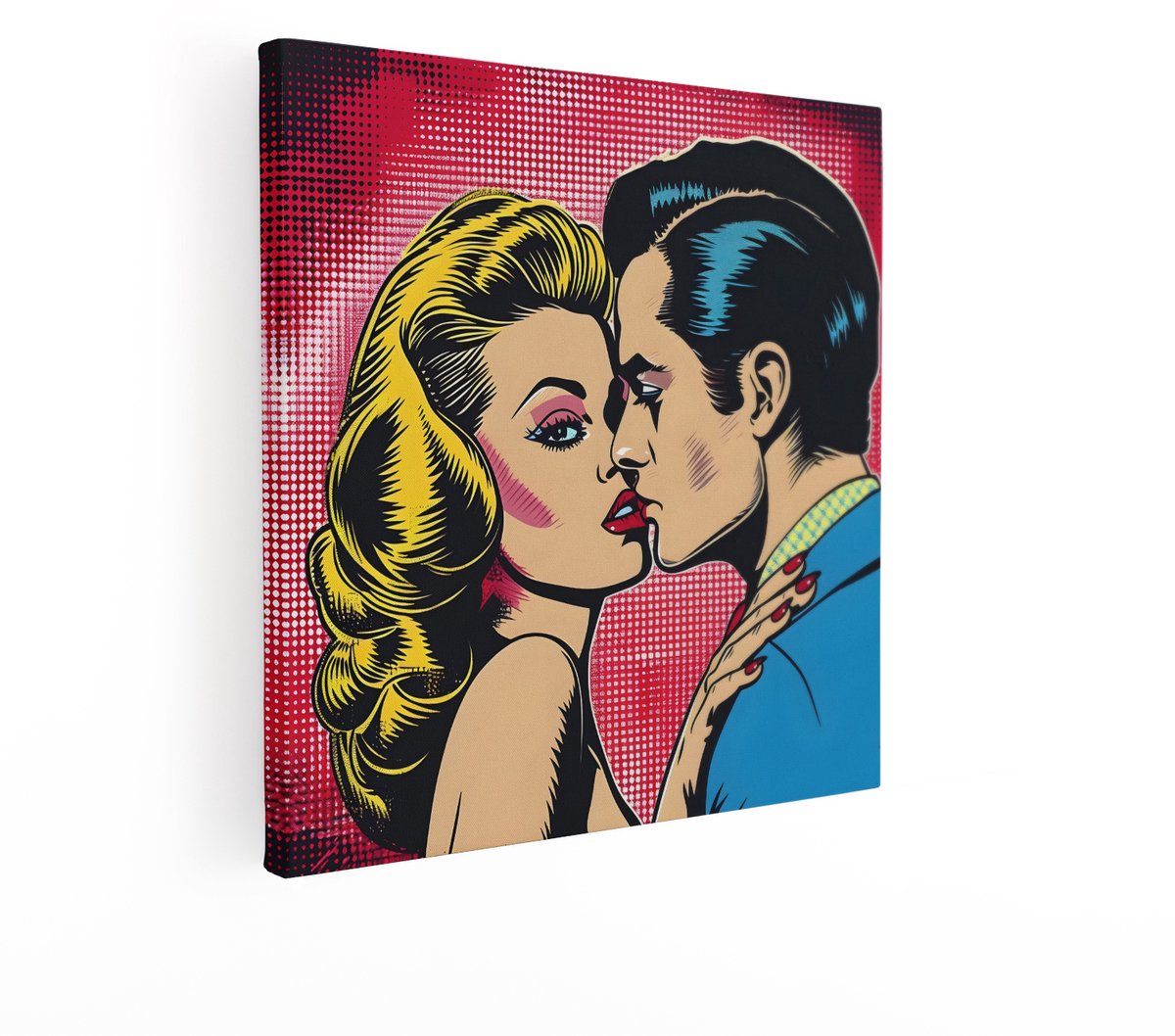 Artaza Canvas Schilderij Pop Art Koppel - 90x90 cm - Wanddecoratie Kus - Muurdecoratie Vintage Romantiek - Decoratie Retro Schilderijen