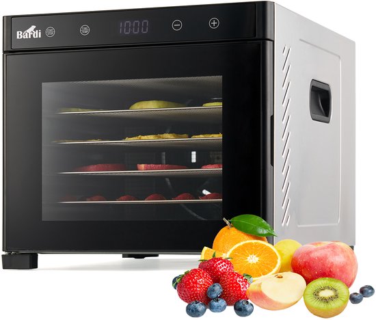 Roestvrijstalen voedseldroger met 6 lagen, gevuld met vers fruit zoals aardbeien, bosbessen, sinaasappel en appels.