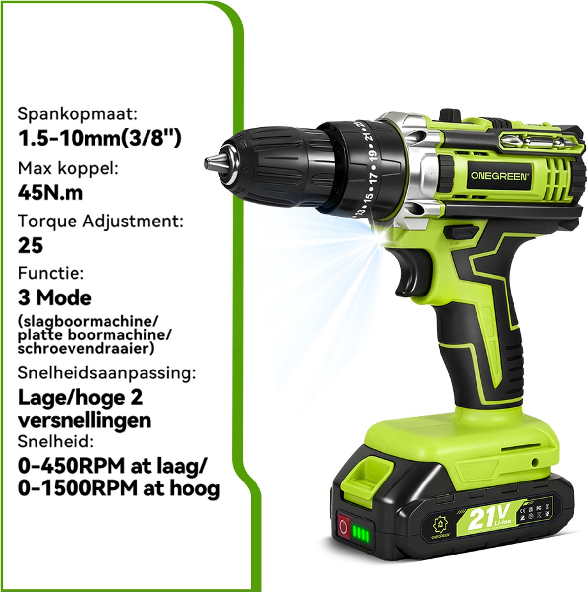 ONEGREEN Accuboormachine - 45 N·m Boormachine - Accu Schroefboormachine - 25+3 Standen - 2 Snelheden - LED - Boordriver Kit - voor Thuis & Klussen – foto 4