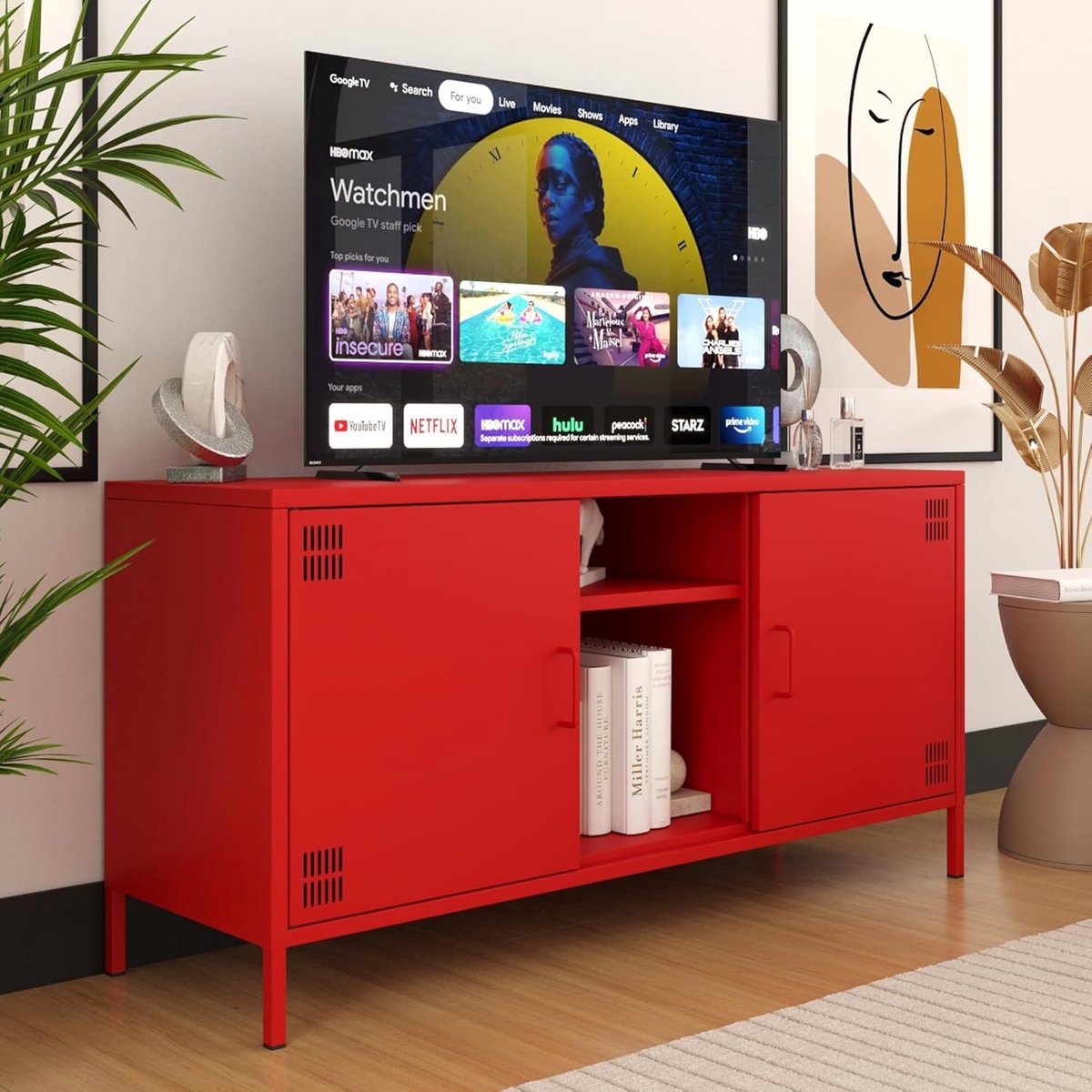 TV-meubel Urbanhome Metalen – Retro TV-kast & Lowboard 130,5x40x64,5 cm – Industriële TV-console met Verstelbare Planken en Deuren – Robuuste Opbergkast voor Woonkamer, Slaapkamer en Kantoor – Rood
