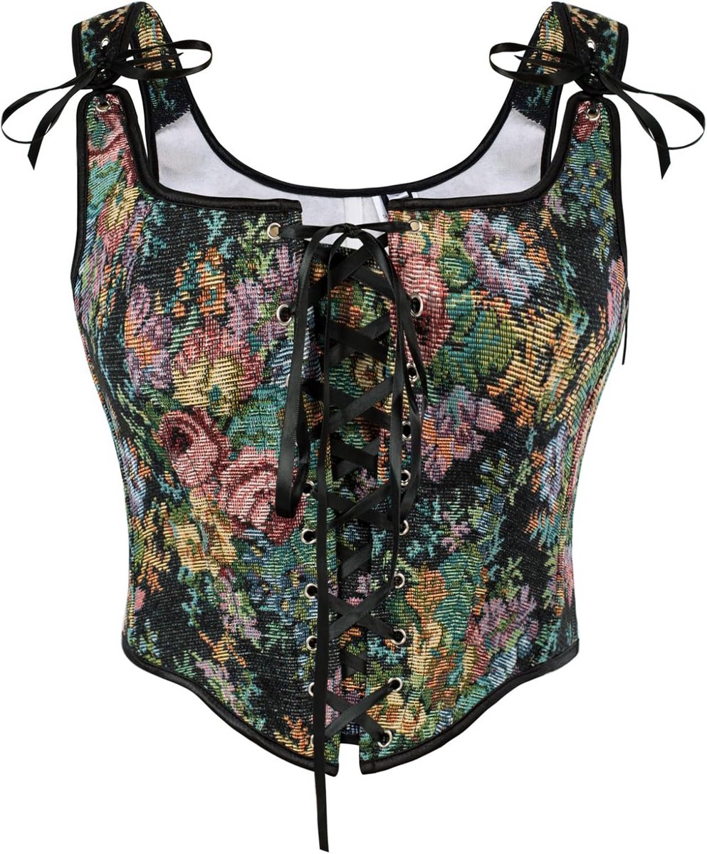 Dames Renaissance Corset Top met Vintage Bloemenprint en Veterdetail