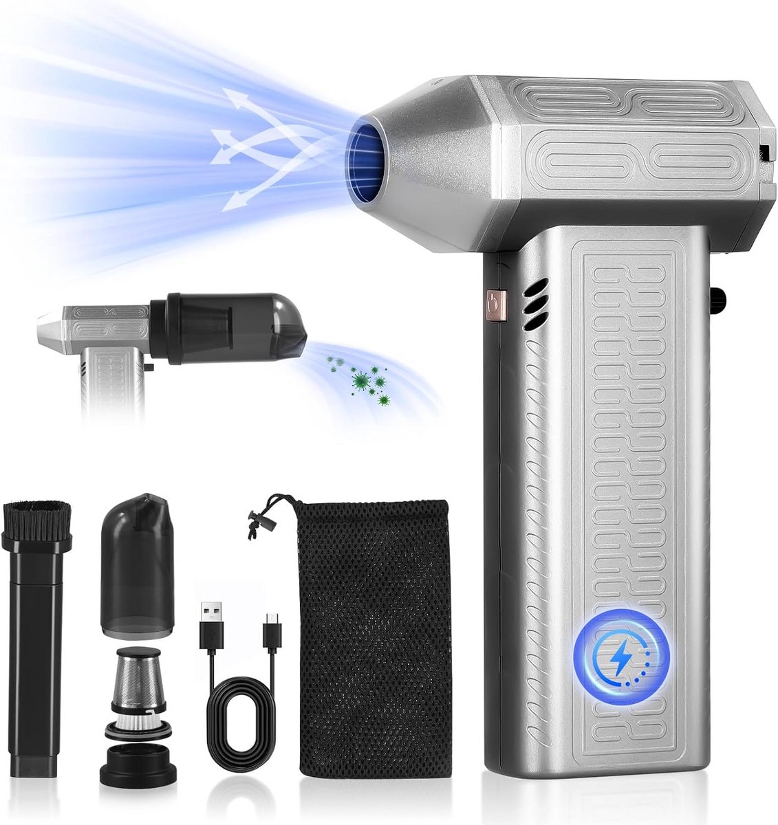 Krachtige Elektrische Luchtblazer (Air Duster) met 130.000 RPM Borstelloze Motor en 4000 mAh Accu - Stofvrij Maken van Laptop, Auto en Kantoor)