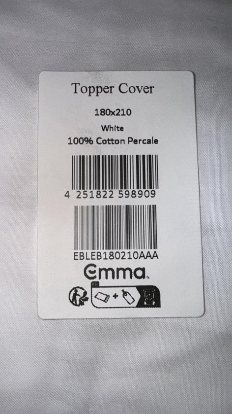 Label op witte topperhoes met tekst: "Topper Cover 180x210 White 100% Cotton Percale Emma".