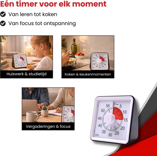 FLOKOO Hoogwaardige Leerklok voor Kinderen - Timer Kind Zwart - Vergaderklok - Aftelklok -  Leerklokken - Kookwekker Analoog - Leer Klok kijken - Time - Educatieve Klok - Huiswerk Hulp - Educatief Speelgoed - Thuisonderwijs