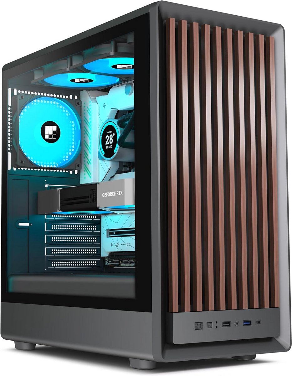 ATX Mid-Tower PC Behuizing met Houten Walnoot Frontpaneel en 4x PWM ARGB Fans
