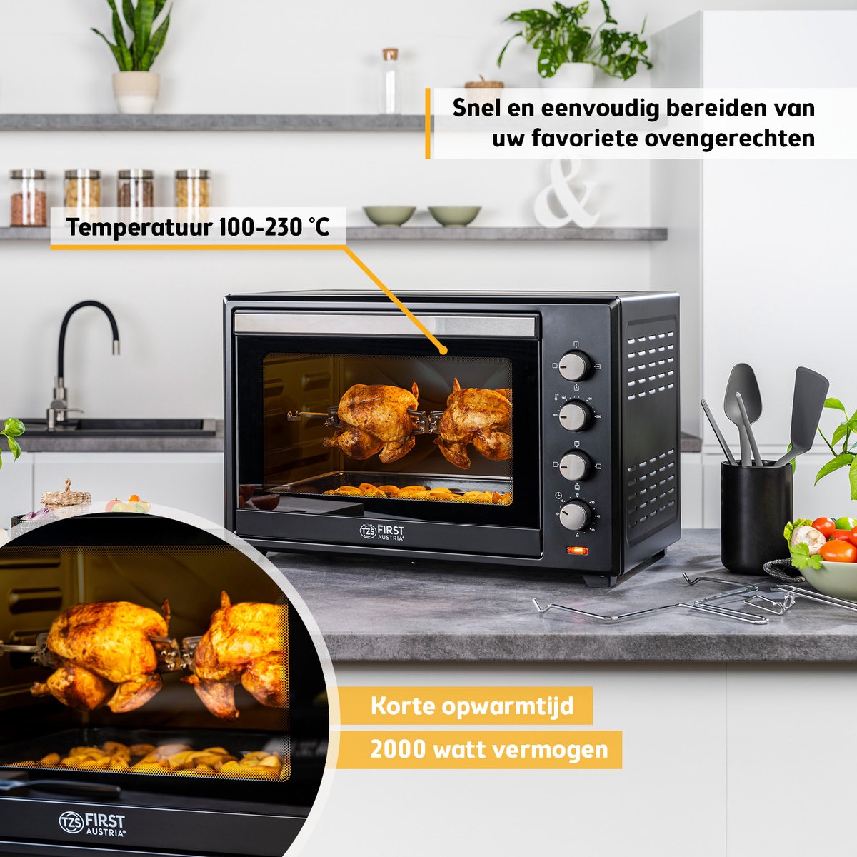 TZS First Austria mini oven 60L - 2000W - Vrijstaande Heteluchtoven - max 230°C - Zwart – foto 7