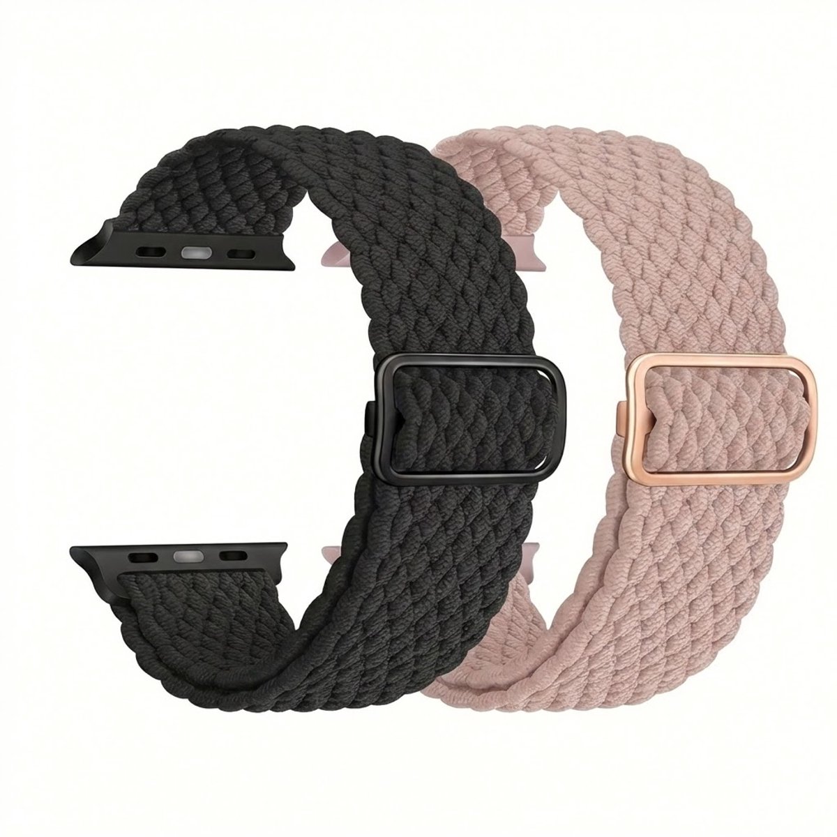 Roze zwart nylon horloge band 2 pack dames heren geschikt voor Apple Watch 42mm (serie 1 / 2 / 3) / 44 mm / 45 mm / 46 mm (serie 10 / 11) / 49 mm (Ultra 1 / 2 / 3) – rekbare band – gevlochten verstelbare stijl