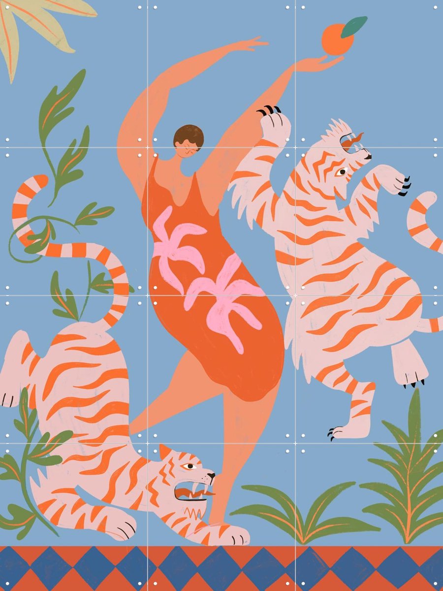 IXXI Dancing with Tiger, Arty Guava - 60 x 80 cm - Gratis ophangtool - Grote wanddecoratie en posters - Speels, Kleurrijk, Cartoonesk, Illustraties