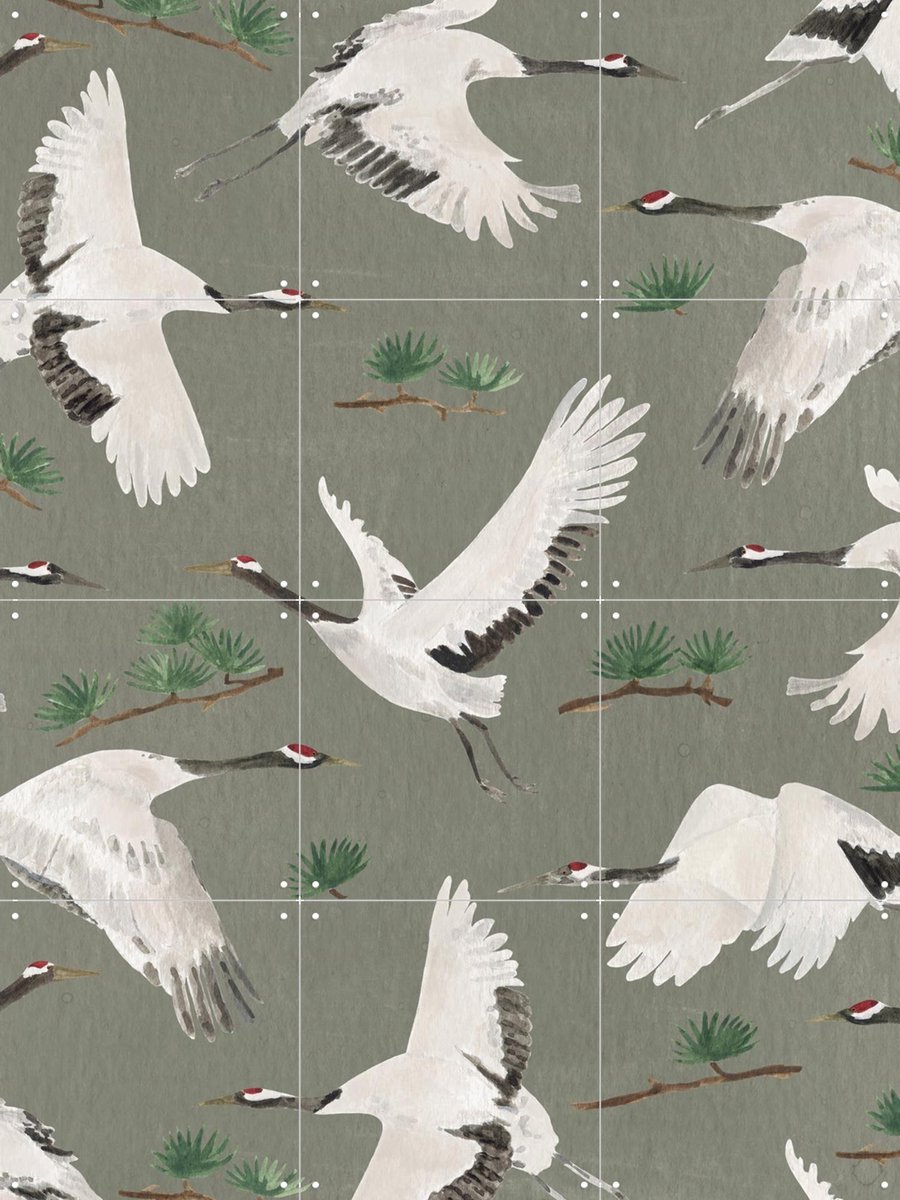 IXXI Cranes Green, Isabelle Vandeplassche & Rijksmuseum 2.0 - 60 x 80 cm - Gratis ophangtool - Grote wanddecoratie en posters - Klassiek, Aquarel