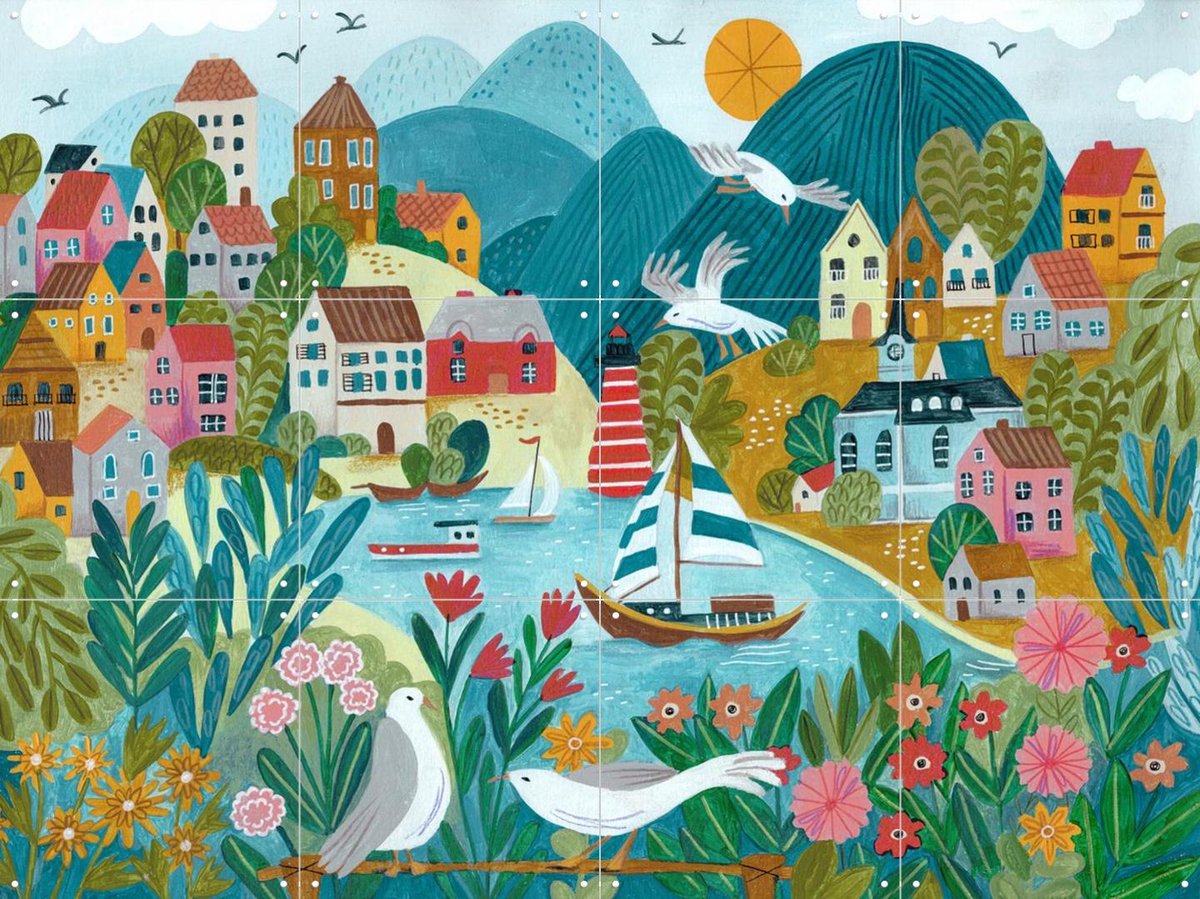IXXI Coastal Village, Caroline Bonne Müller & Various - 80 x 60 cm - Gratis ophangtool - Grote wanddecoratie en posters - Aquarel, Fantasierijk