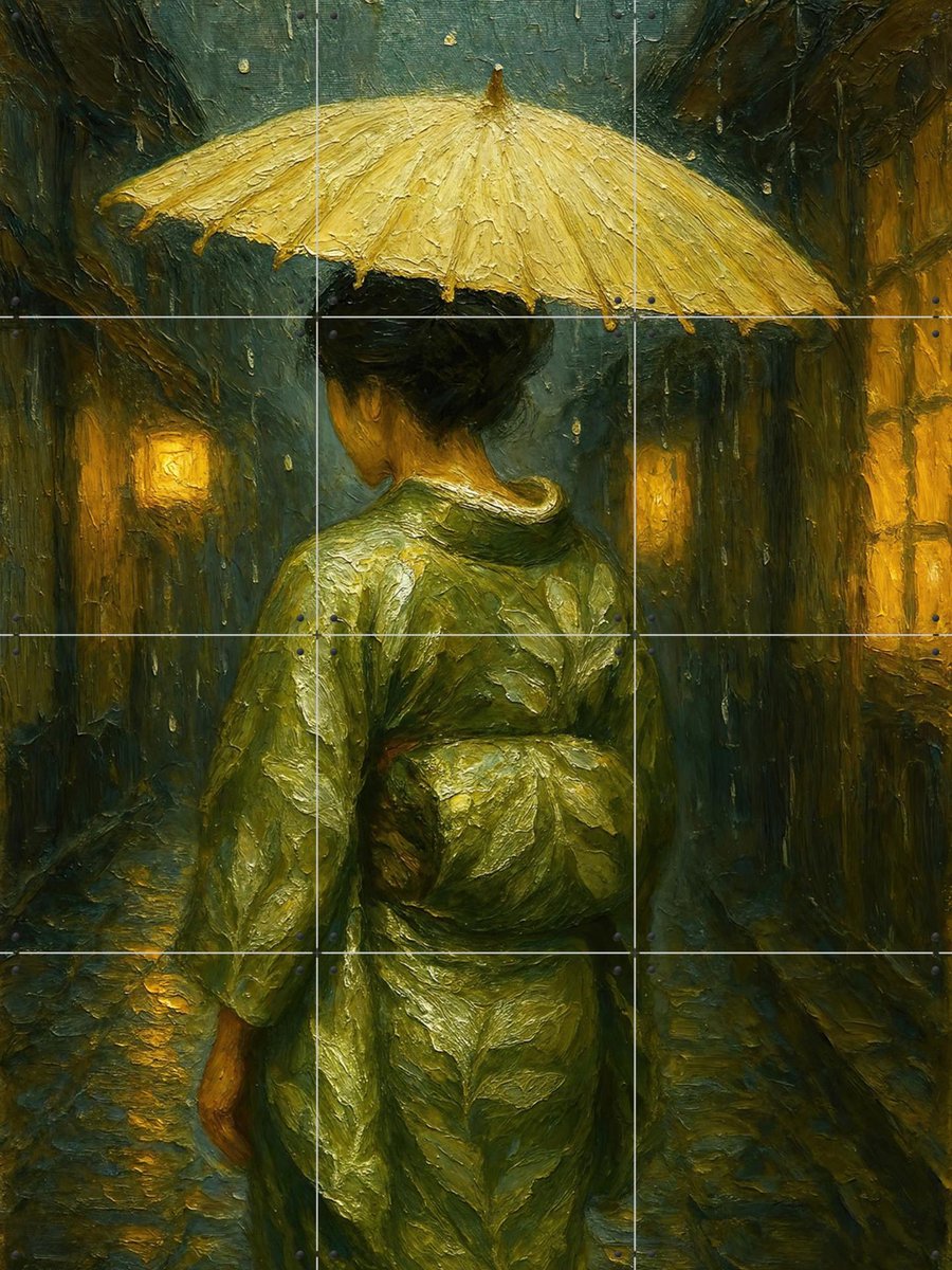 IXXI Geisha with a Parasol in the Evening Light, Natalie Bruns - 60 x 80 cm - Gratis ophangtool - Grote wanddecoratie en posters - Olieverf