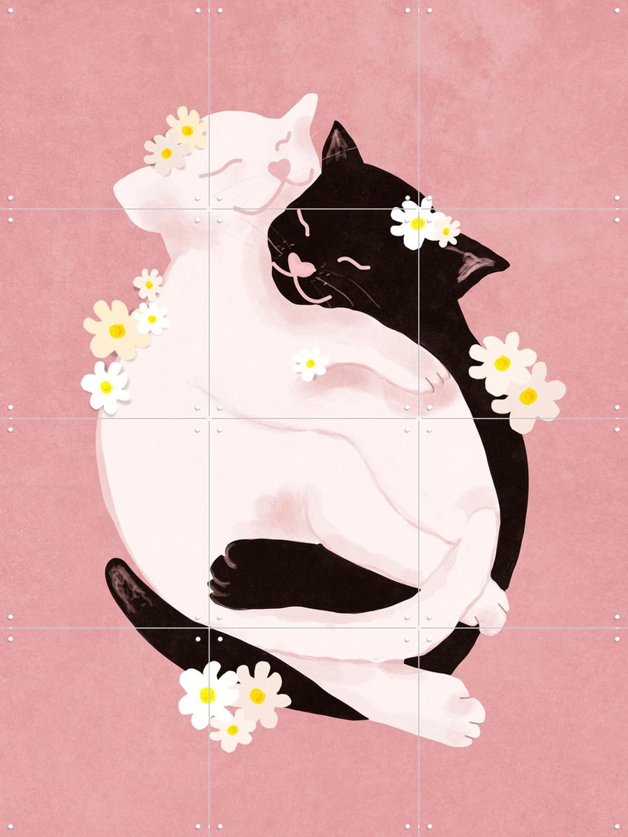IXXI Cuddling Cats, Raissa Oltmanns - 60 x 80 cm - Grote wanddecoratie en posters - Cartoonesk, Digitale Kunst, Illustraties, Speels, Babykamer Roze