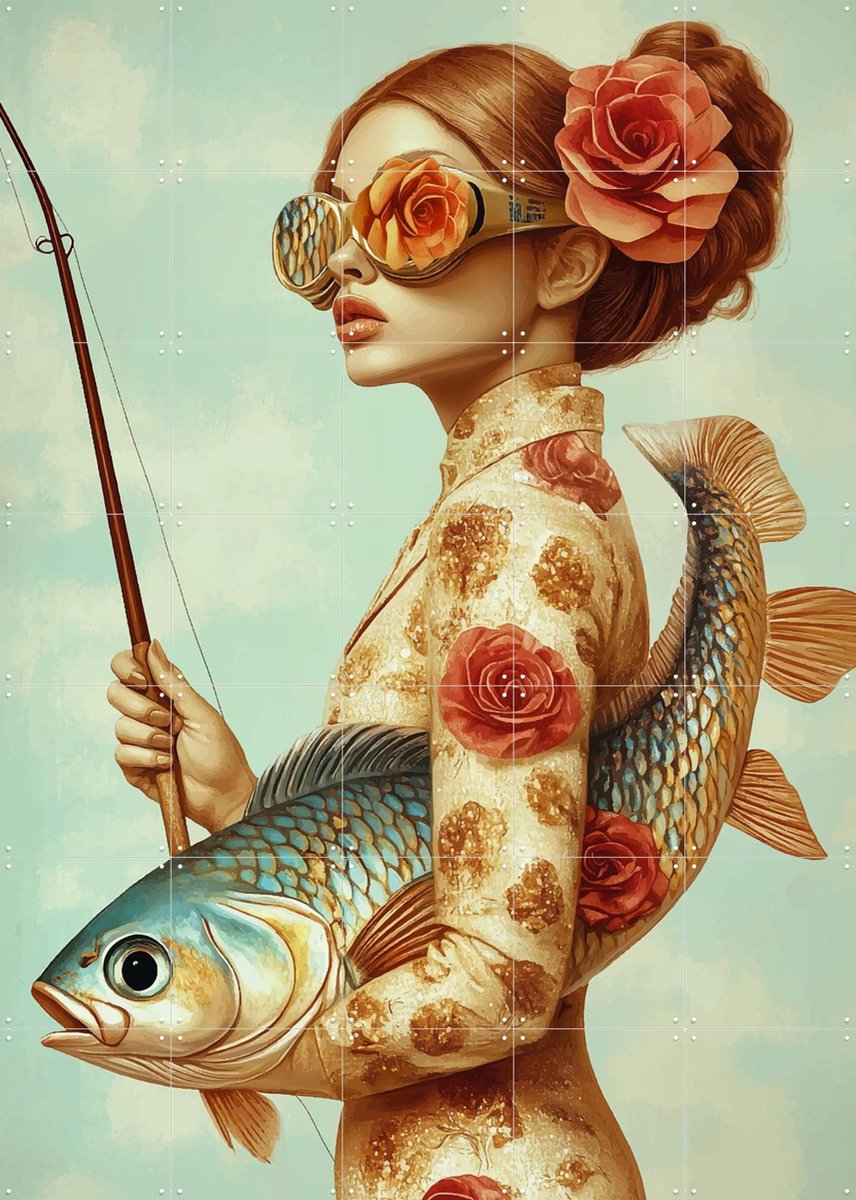 IXXI High fishion, Mirjam Duizendstra - 100 x 140 cm - Gratis ophangtool - Grote wanddecoratie en posters Woonkamer, Portretten, Vissen, Bloemen