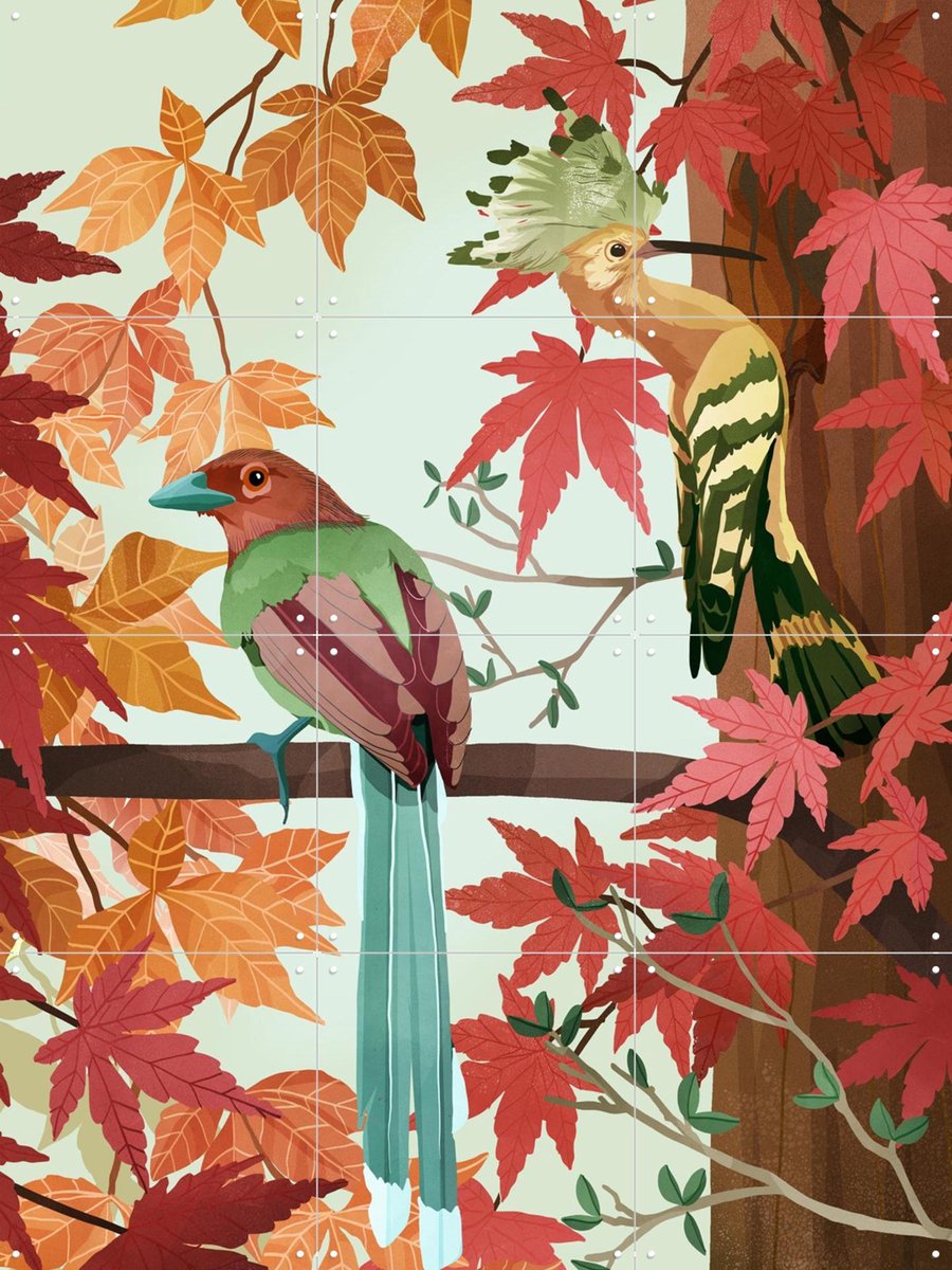 IXXI Birds of Autumn, Goed Blauw - 60 x 80 cm - Gratis ophangtool - Grote wanddecoratie en posters - Speels, Illustraties, Digitale Kunst, Woonkamer