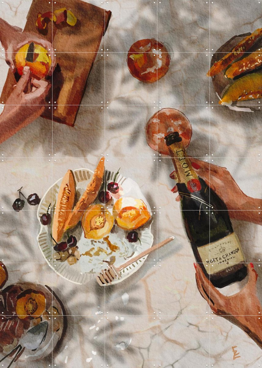 IXXI Champagne and peaches, Ekaterina Zagorska - 100 x 140 cm - Gratis ophangtool - Grote wanddecoratie en posters - Aquarel, Eetkamer, Woonkamer