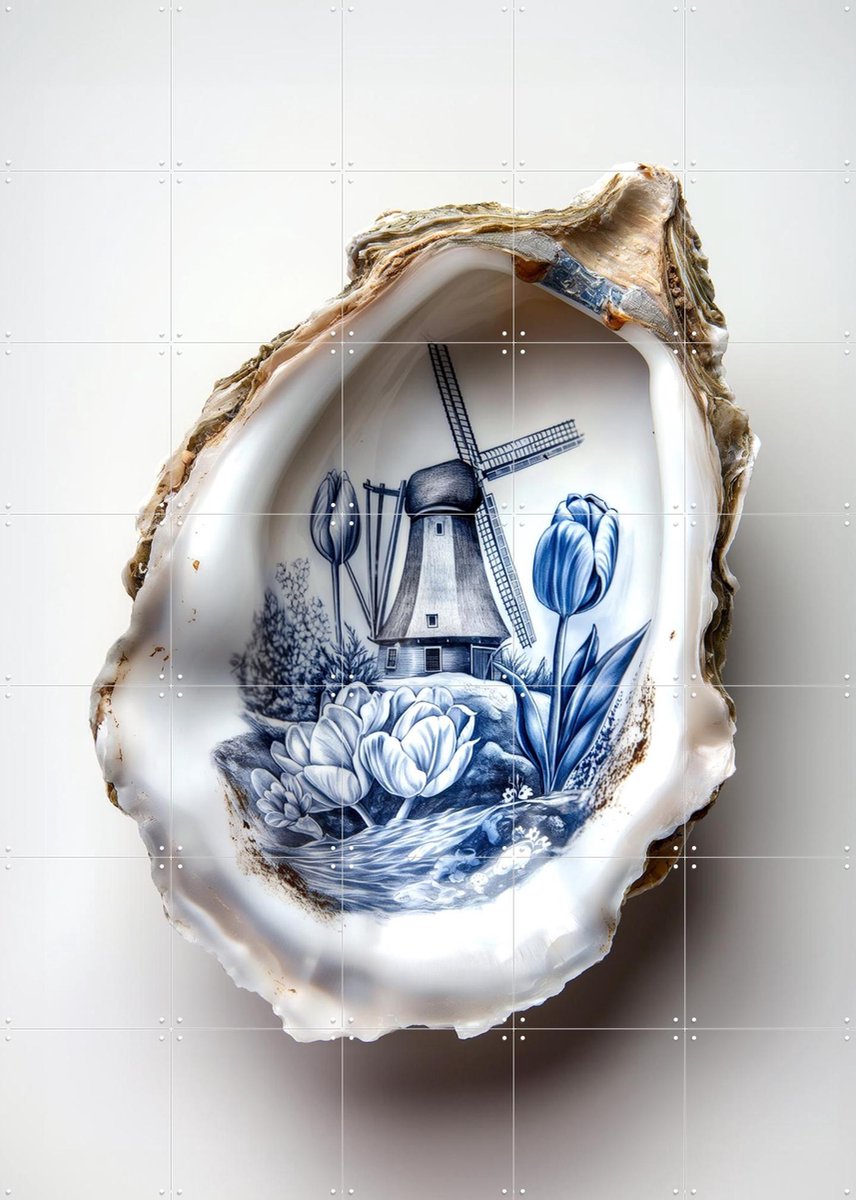 IXXI Delfts Blauwe oester, Margriet Hulsker - 100 x 140 cm - Gratis ophangtool - Grote wanddecoratie en posters - Vintage, Illustraties, Keuken