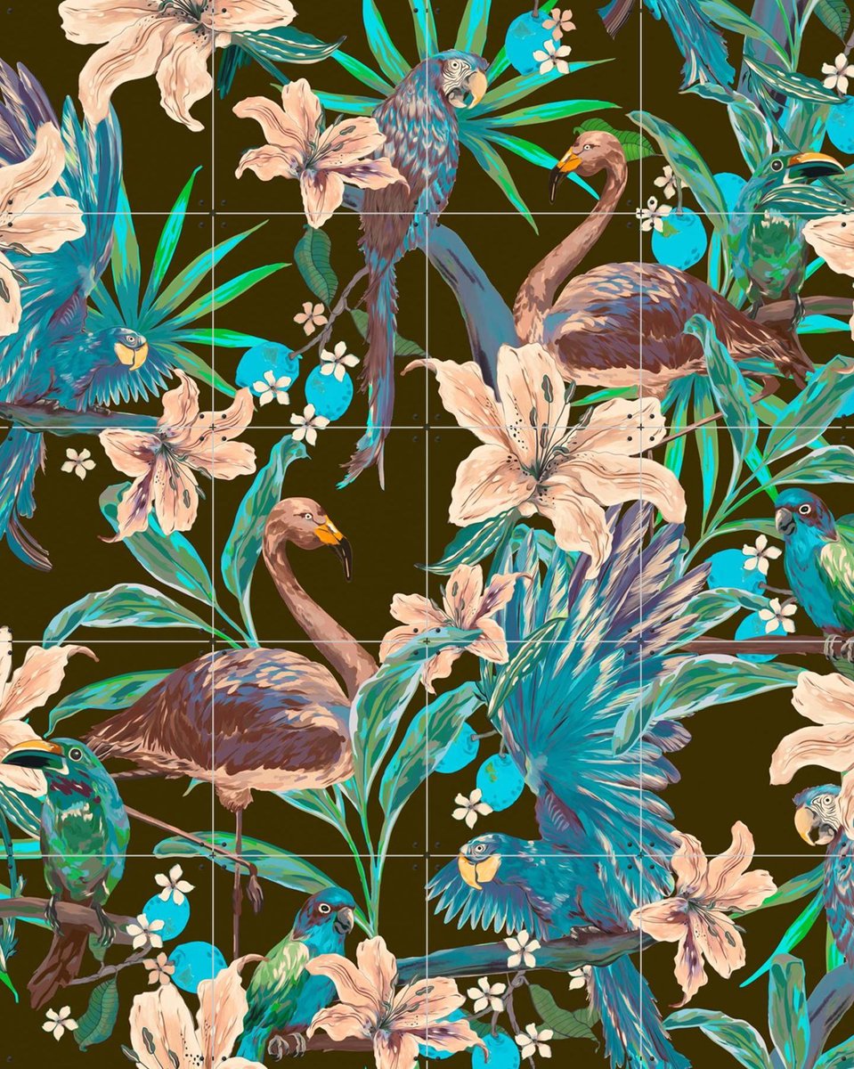 IXXI Jungle Birds and Flamingo Olive, Marylène Madou - 80 x 100 cm - Gratis ophangtool - Grote wanddecoratie en posters - Illustraties, Woonkamer