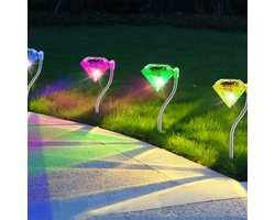 ANMI® Solar Tuinlampen Diamond Set Van 4 - 7 Kleuren Kleurwissel LED - Priklamp Padverlichting - RVS Staak - IP65 Waterdicht - Met 600mAh Batterij - Voor Tuin Pad Oprit Terras - Kerst Halloween Decoratie