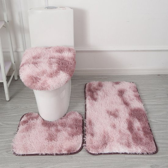 Badmatten Set 3-Delig - Ultrazacht Microfiber & Antislip - Inclusief U-Mat En Wc-Brilhoes - Wasmachinebestendig - roze + paars