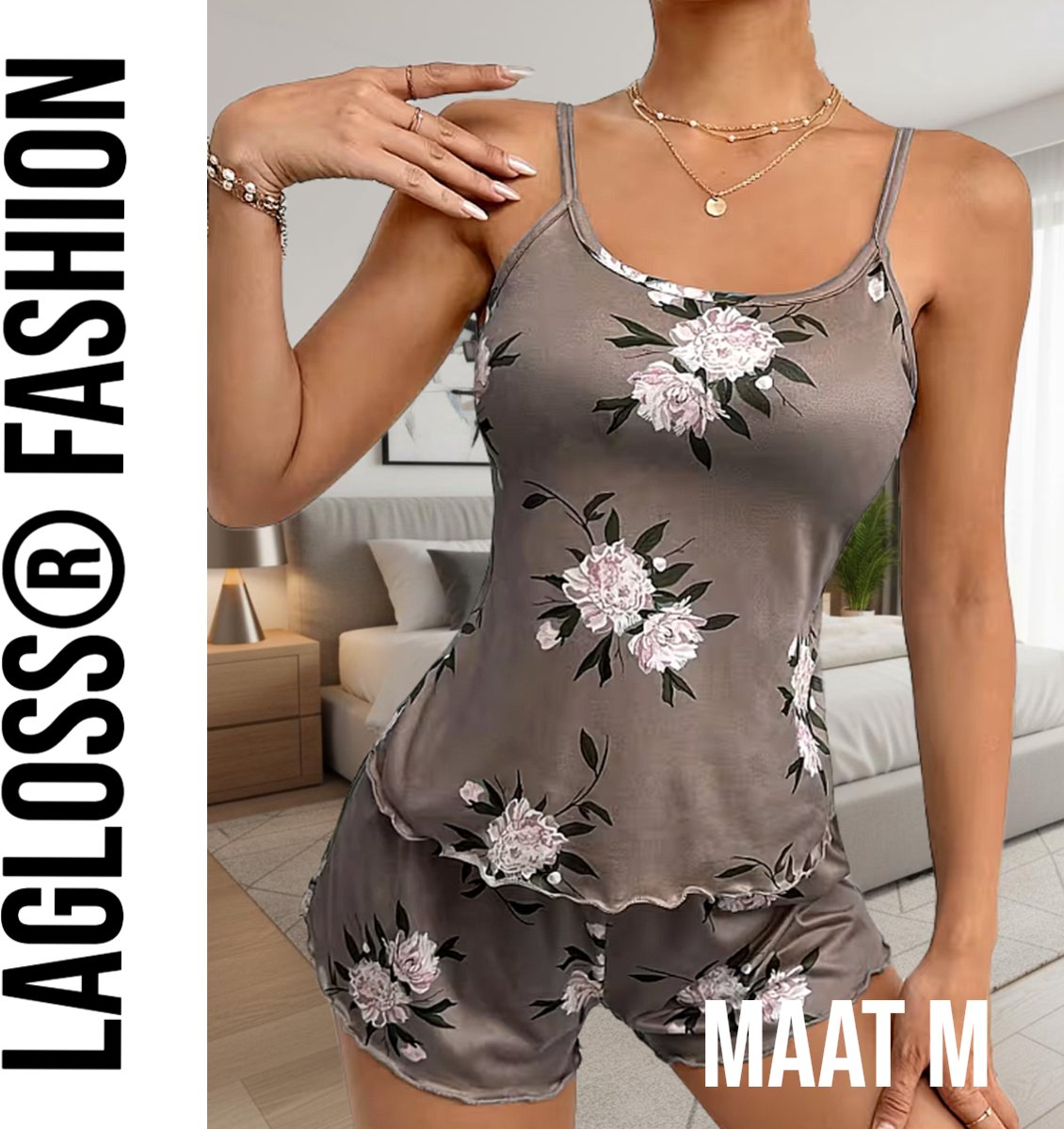 LaGloss® Dames Pyjama Set Bloemblaadjesprint – Mouwloos en Short – Luchtig en Comfortabel - Maat M