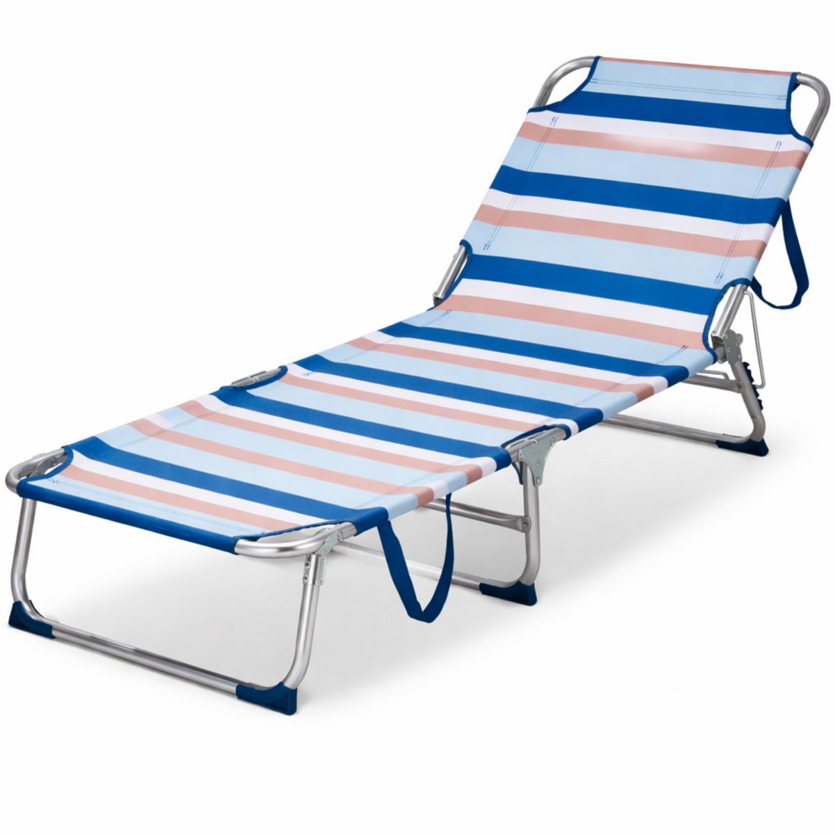 HEM Strandligbed Opvouwbaar – Aluminium Ligstoel – Verstelbare Rugleuning 3 Standen – Lichtgewicht Outdoor Strandbed – Streeppatroon Blauw/Wit/Roze – Inclusief HEM Microvezeldoekje