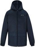 Donkerblauw, waterdicht regenjack met capuchon, rits en twee zakken.