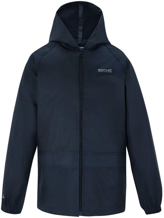 Donkerblauw, waterdicht regenjack met capuchon, rits en twee zakken.