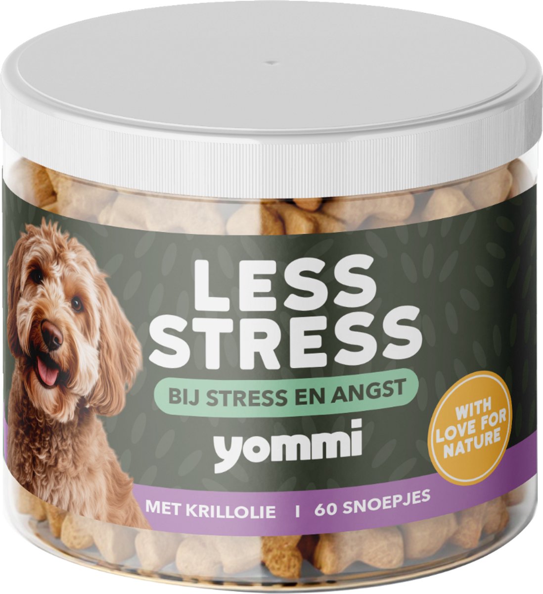 Yommi honden Stress snack Supplement 60 st met krillolie ,rijk aan Omega 3 & natuurlijke Astaxanthine - betere opname dan visolie - tegen Angst en Onrust – Helpt bij Spanning en Overmatig Blaffen, Natuurlijke Kalmering- ondersteunt huid & gewrichten