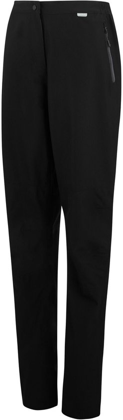 Zwarte, lange outdoorbroek voor dames met ritsdetails op de enkels en een kleine logopatch.