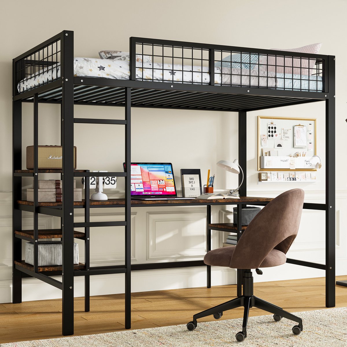 MODFU Stapelbed 90x200 cm van metaal en hout – met bureau en planken – zwart – EN747 gecertificeerd
