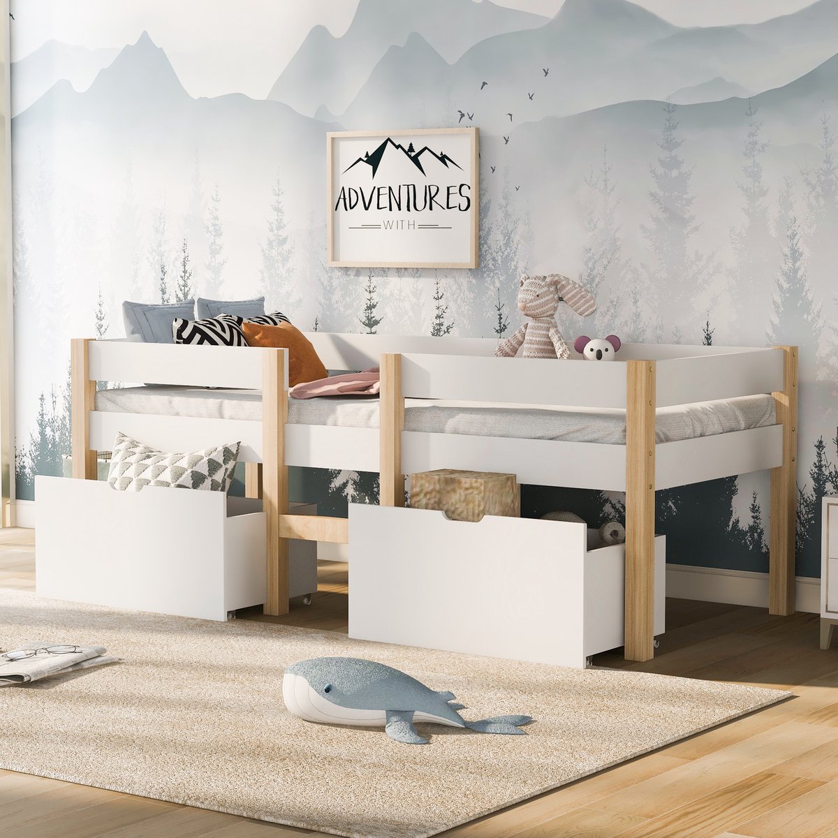 MODFU Bedframe 90x200 cm van massief grenen en MDF, halfhoog met valbeveiliging, wit