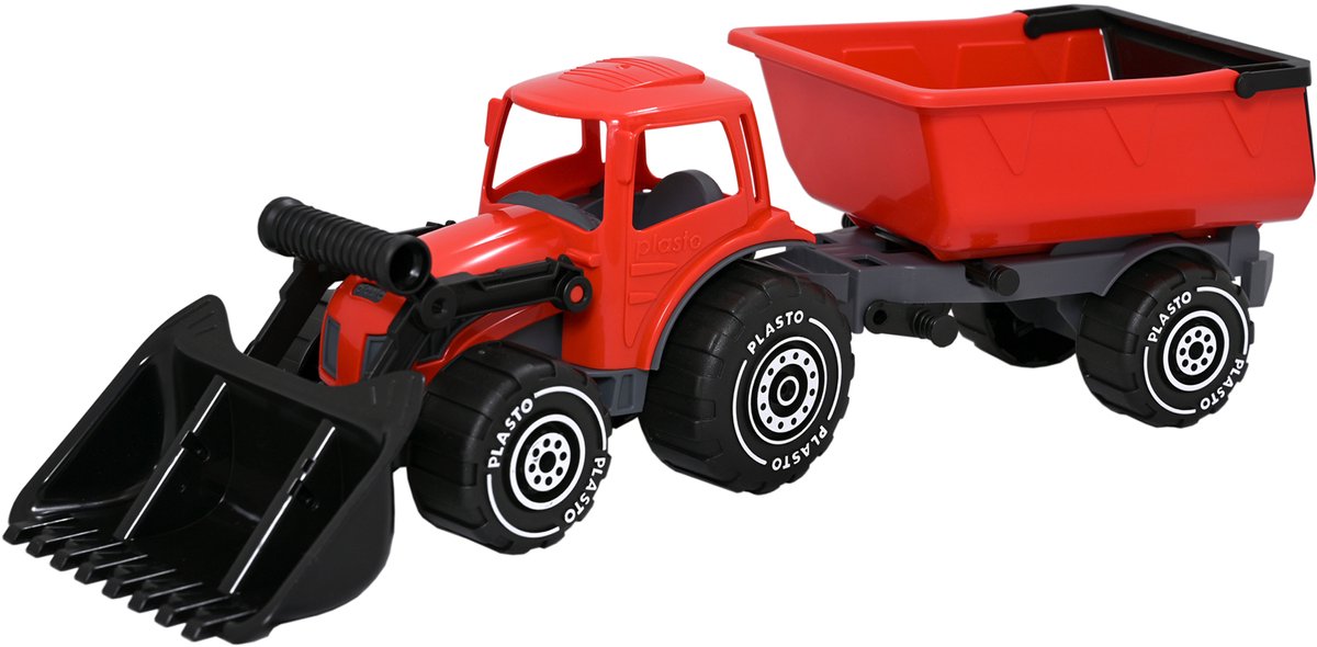Plasto Tractor met Voorlader en Aanhanger Rood 57 cm - Speelgoedvoertuig - Complete Set - Grote Tractor - Stevig Kunststof - Gemaakt in Finland - Vanaf 1 Jaar
