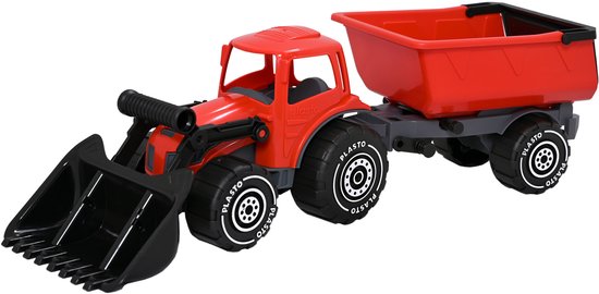 Plasto rode tractor met voorlader en aanhanger, gemaakt van stevig kunststof.