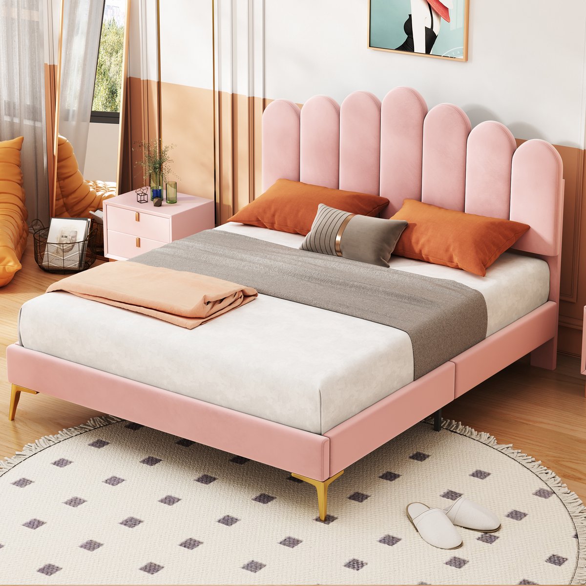 OKWISH Gestoffeerd Bed 140x200 cm – Fluwelen Hoofdbord Verstelbaar – Met Lattenbodem – Stevig Frame 250 Kg – Zonder matras – Pink Roze