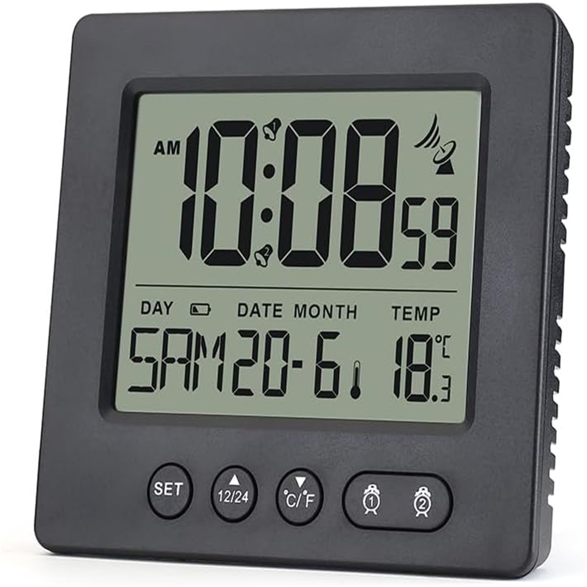 Ynkkvre -Digitale radiogestuurde wekker met 2 alarmtijden, automatische timer, radiogestuurde klok, 5-minuten snooze-functie en temperatuurweergave.