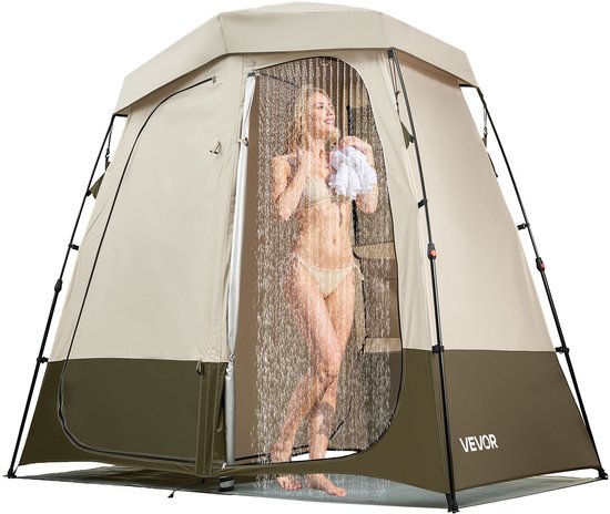 VEVOR 2-Kamer Douchetent, Toilettent (250x122x218 cm) met Privacyscherm, Omkleedtent Inclusief Haringen, Touwen, Draagtas En Dwarsbalk, Gemaakt van 150d Oxford-Stof, Geschikt Voor Kamperen, Strand, Vissen, Kaki van Merkloos — afbeelding 2
