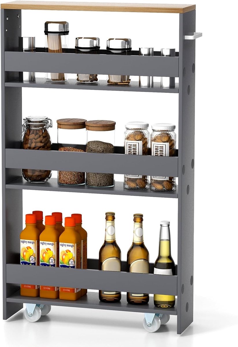 KOMFOTTEU Nichewagen, 4 etages, Smal kastje, 13 cm breedopbergwagen, keukentrolley met wieltjes, nisrek met handvat, keukenkast en rolrek, ruimtebesparend voor keuken, badkamer, kantoor