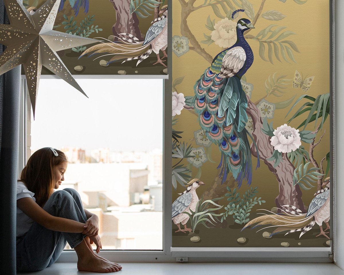 Coloray Rolgordijn Lichtfilterend - Pauw Op Een Boom Rolgordijn Lichtfilterend - 90x140 cm - Gouden Rolgordijn Met Kettingbediening - Dieren Rolgordijn in Nis - Rolgordijn Slaapkamer Lichtdoorlatend