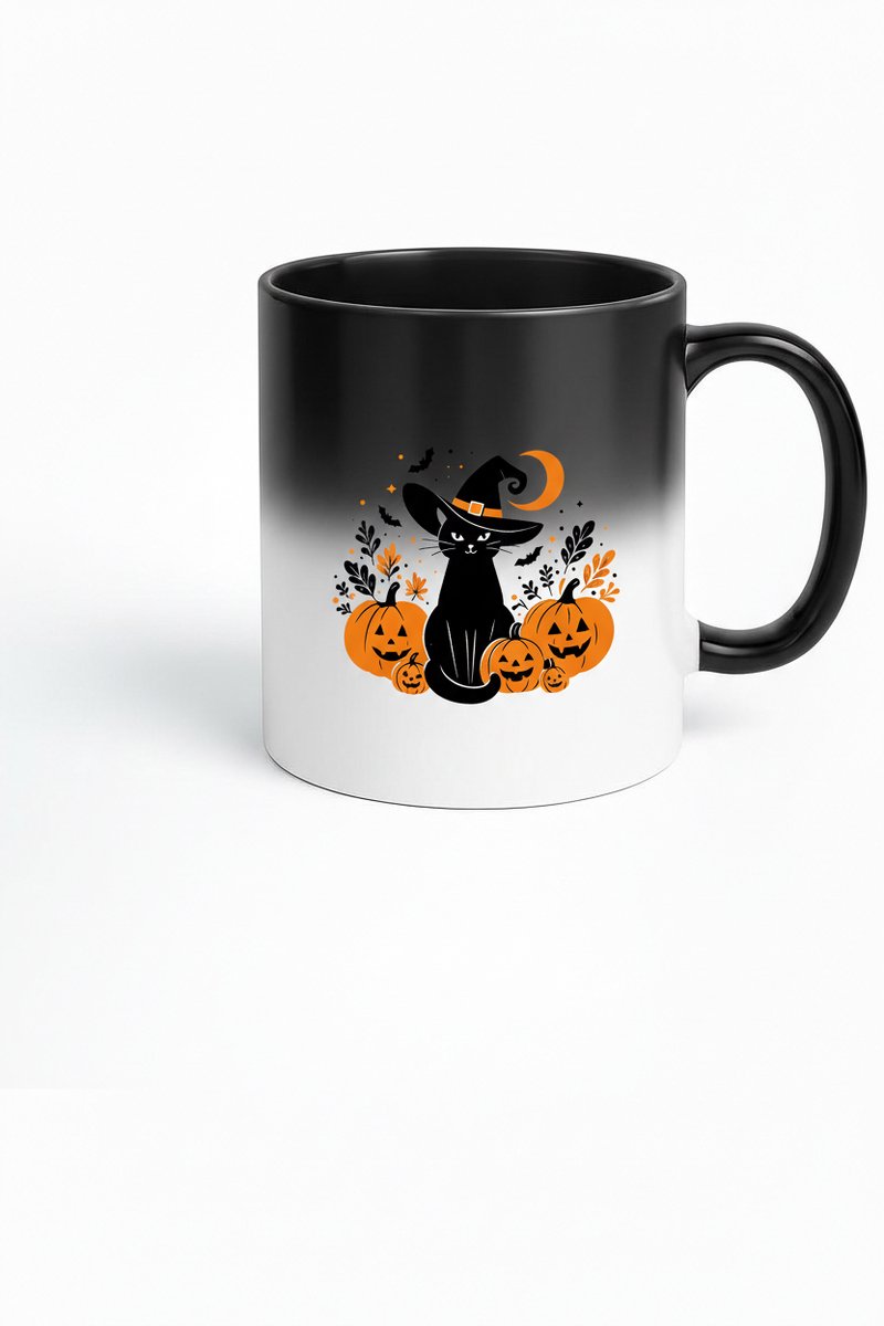 Halloween Magic Mug - Zwarte Kat met Pompoenen - Magische Warmtegevoelige Mok