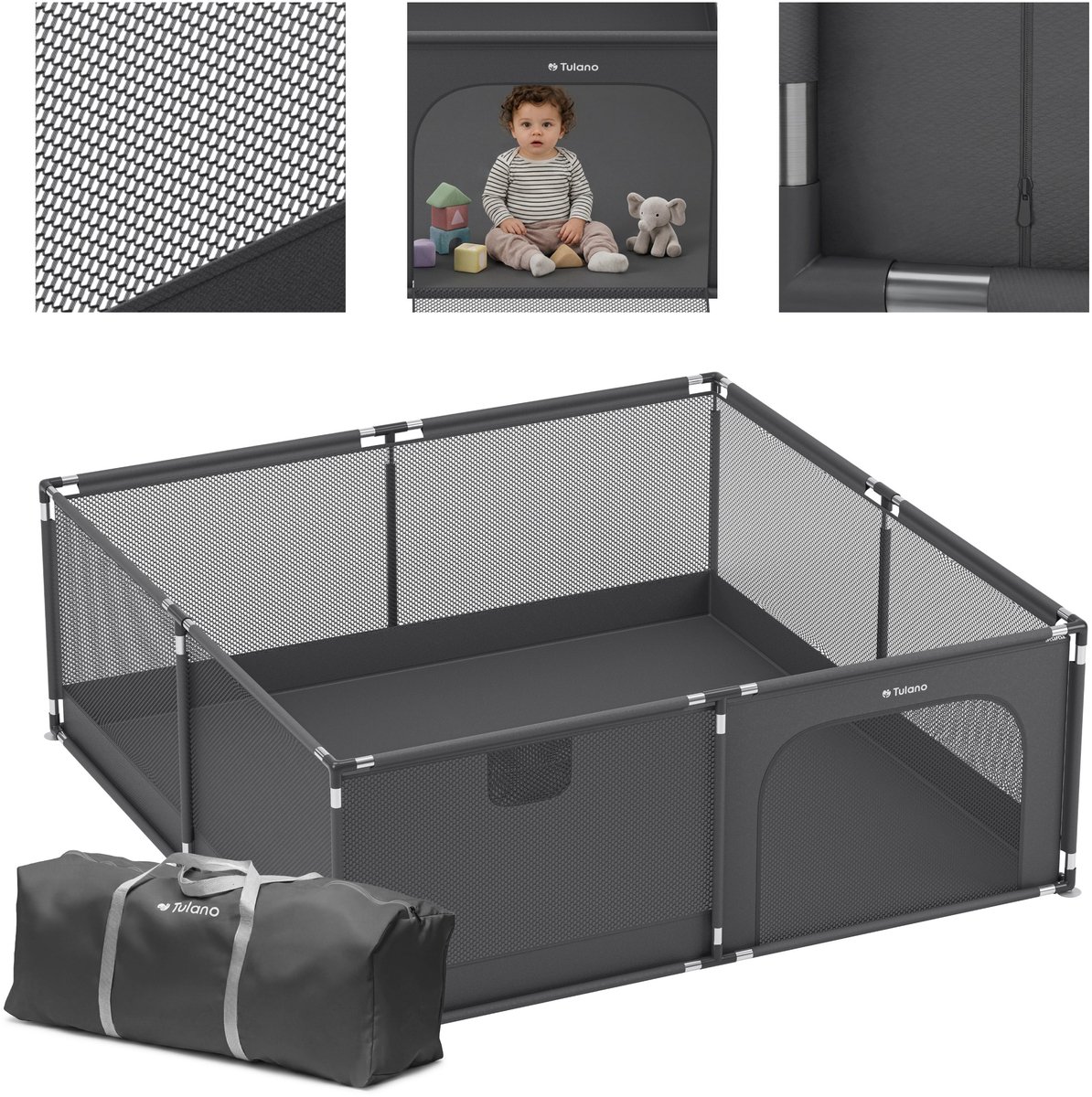 Tulano - Cozy 28 - Grondbox / baby box / kinderbox – 180x200 cm - voor binnen en buiten - grafiet - ademend gaas - EN71 gecertificeerd - 6 tot 36 maanden - Graphite