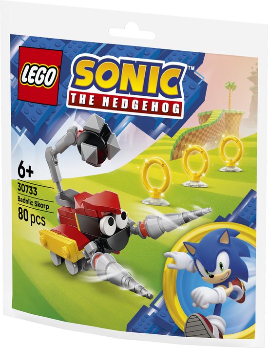 LEGO Sonic de egel 30733 Badnik Skorp. Rode en zwarte robot met grijze grijper, gepantserde staart en Sonic op de verpakking.