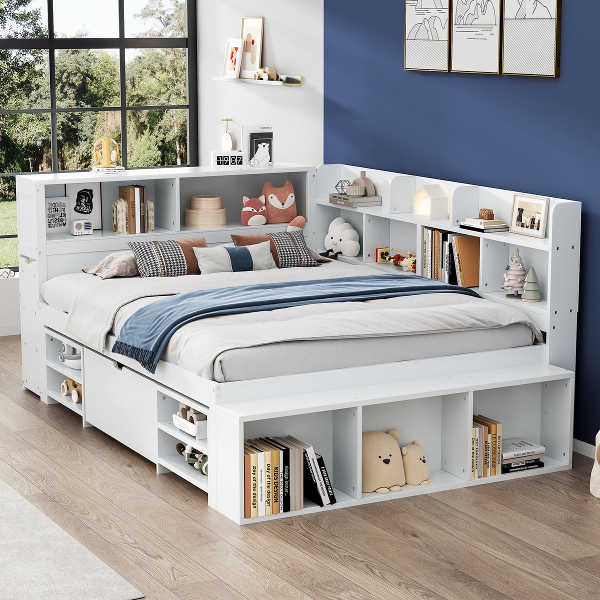 OKWISH Kinderbed 140x200 cm – Bed Met Boekenkast En Kasten – Met Lade – Lattenbodem – Zonder matras – Kinderkamer – Multiplex – Wit