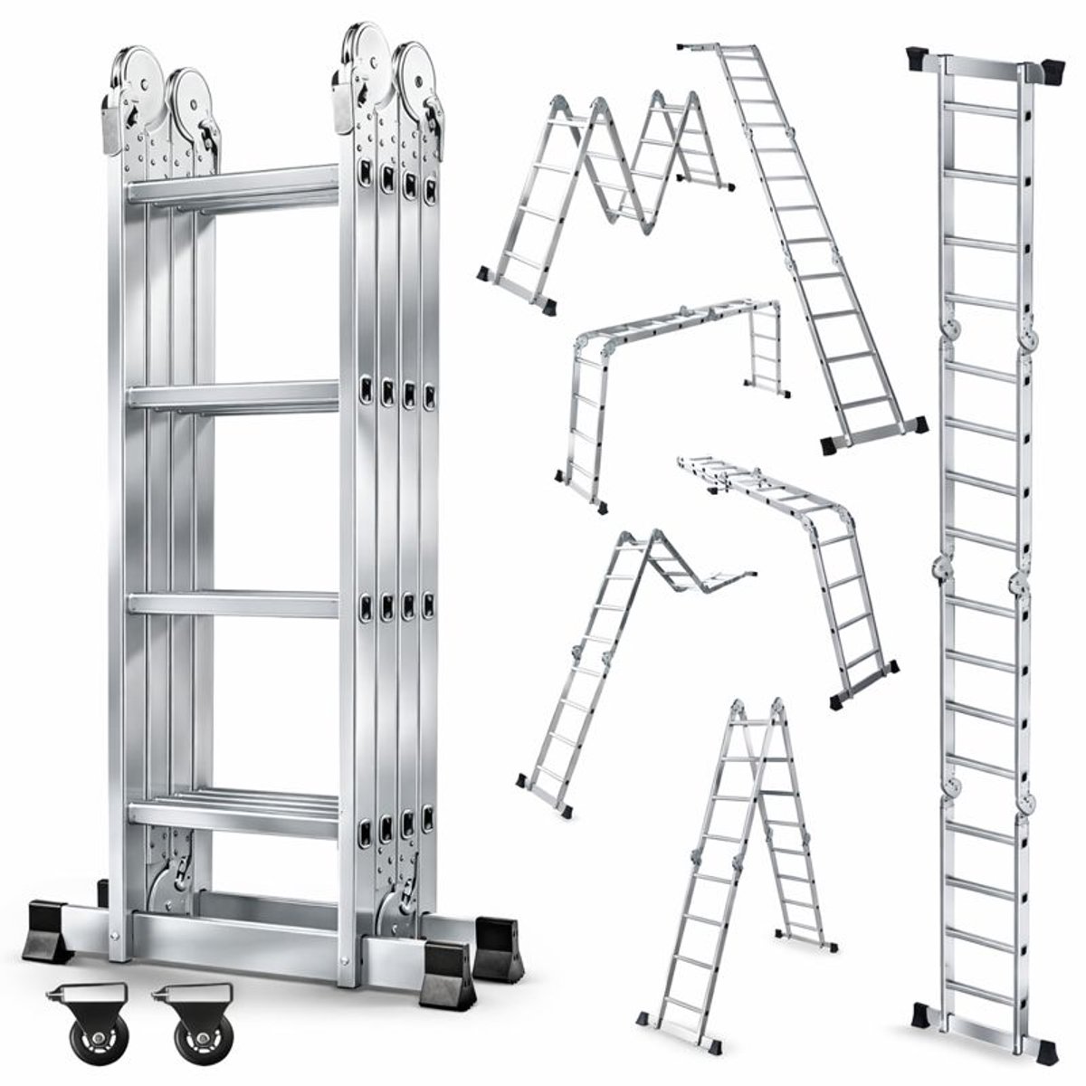 OUTIGO Multifunctionele ladder - 4,6 meter - 7 in 1 - opvouwbaar - aluminium - met 2 wielen - geschikt voor huishoudelijk gebruik - 16treden