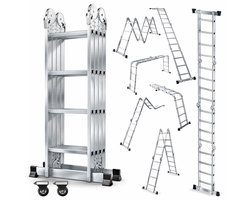 OUTIGO multifunctionele ladder - 7 in 1 - opvouwbaar - aluminium - met 2 wielen - geschikt voor huishoudelijk gebruik - 16treden - Totale lengte 4,6 meter