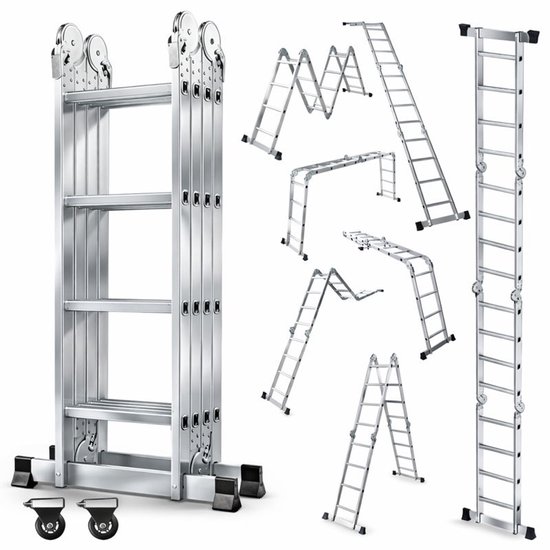Aluminium ladder in diverse configuraties: opgevouwen, A-vorm, rechte ladder, dubbele schuine ladder, werkplatform en smalle rechte ladder.