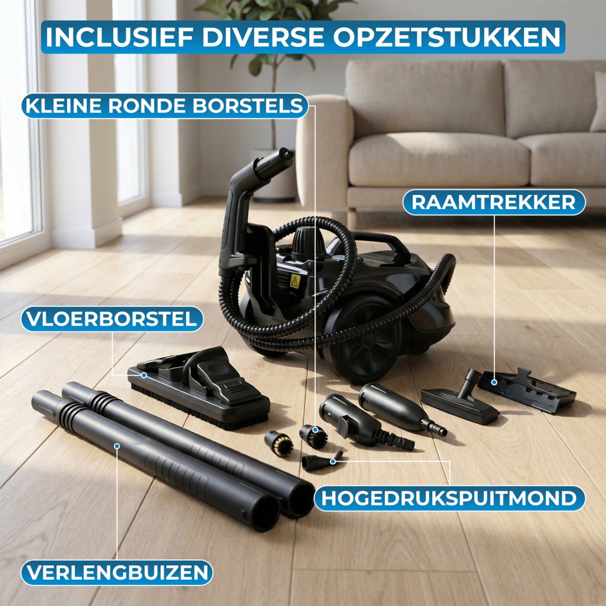 Powell Stoomreiniger - Tapijtreiniger - Handstoomreiniger - Vlekkenreiniger - Stoomapparaat - Reinigingsmachine - 2000W - Inclusief accessoires - Voor vloer, bank, badkamer, tapijt en ramen - Zwart thumbnail 6