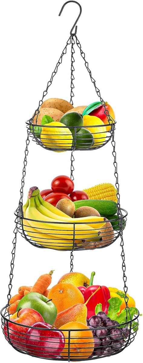 Famanu – Hangende fruitmand 3 etages met haken – metalen hangmand voor keuken (zwart)