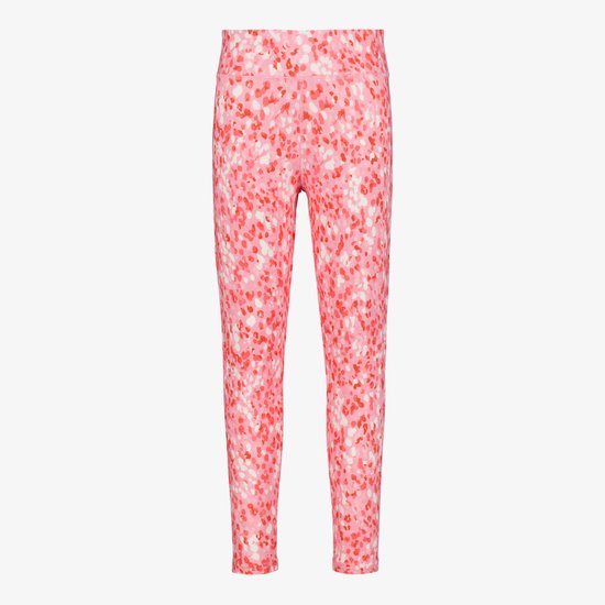 Legging de sport rose avec un imprimé animal abstrait rouge et blanc, longueur cheville.